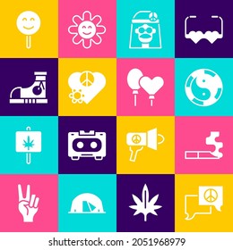 Set Speech bubble chat, Cigarette, Yin Yang symbol, Hippie girl, Love peace, Sneakers, Smile face and Balloons icon. Vector