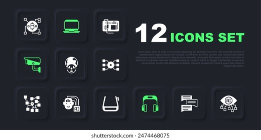 Set Speech bubble chat, Computer vision, Planet earth and radiation, Headphones, Security camera, Humanoid robot, Laptop and Smart glasses spectacles icon. Vector
