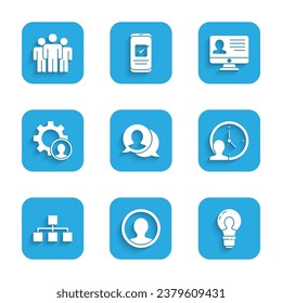 Set Speech bubble chat, Create account screen, Head with lamp bulb, Time Management, Hierarchy organogram chart, hunting, Monitor resume and Users group icon. Vector