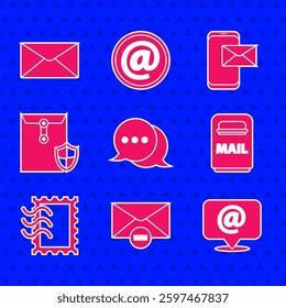Set Speech bubble chat, Delete envelope, Mail and e-mail on speech, box, Postal stamp, Envelope with shield, Mobile and  icon. Vector