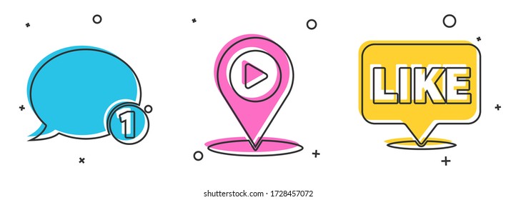 Set Speech bubble chat, Digital media play with location and Like in speech bubble icon. Vector