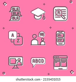 Set Speech bubble chat, Graduation cap, Translator, Vocabulary, Two sitting men talking, Online translator, Foreign language online study and Alphabet icon. Vector