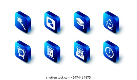 Set Speech bubble chat, Graduation cap, Ringing alarm bell, Clock, School building, Exam sheet with check mark, Alarm clock and Unknown search icon. Vector