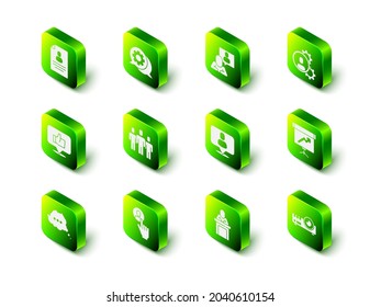 Set Speech bubble chat, Head hunting, Chalkboard with diagram, Media projector, Speaker and  icon. Vector