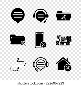 Set Speech bubble chat, Headphones with speech, Folder service, Route location, House, and Mobile icon. Vector
