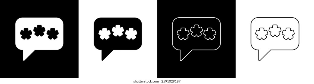 Set Speech bubble chat icon isolated on black and white background. Message icon. Communication or comment chat symbol.  Vector