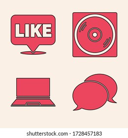 Set Speech bubble chat, Like in speech bubble, Vinyl disk and Laptop icon. Vector