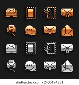 Set Speech bubble chat, Mail message lock password, Outgoing mail, Envelope with star, magnifying glass, Postal stamp, Laptop envelope and  icon. Vector