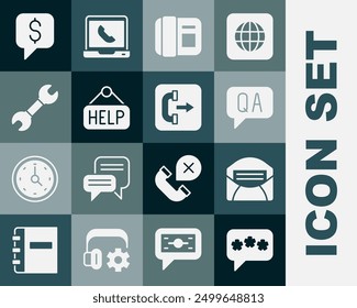 Set Speech bubble chat, Mail and e-mail, Question Answer, Telephone handset, Signboard with text Help, Wrench spanner, Paid support and Outgoing call icon. Vector