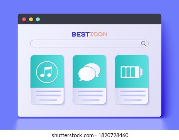 Set Speech bubble chat, Music note, tone and Battery charge level indicator icon. Vector