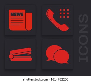 Set Speech bubble chat, News, Telephone handset and Office stapler icon. Vector