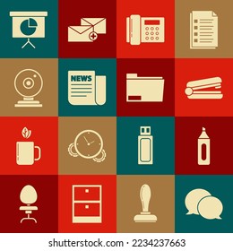 Set Speech bubble chat, Office stapler, Telephone, News, Web camera, Presentation financial board with graph, schedule, chart, diagram, infographic, pie graph and Document folder icon. Vector