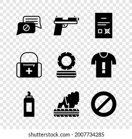 Set Speech bubble chat, Pistol or gun, Poll document, Paint spray can, Lying burning tires, Ban, First aid kit and  icon. Vector