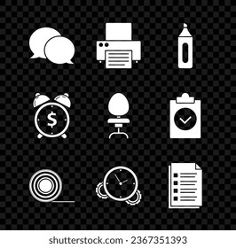 Set Speech bubble chat, Printer, Marker pen, Scotch, Time Management, File document, Alarm clock with dollar symbol and Office chair icon. Vector