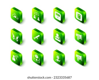 Set Speech bubble chat, Prison cell door, Law book, Peace, Megaphone and dollar, Speaker, Coins hand - minimal wage and Envelope with question mark icon. Vector