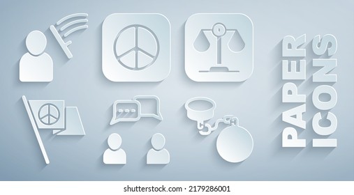 Set Speech Bubble Chat, Scales Of Justice, Peace, Ball On Chain,  And Police Beat Human Icon. Vector