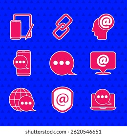 Defina o bate-papo de balão de fala, Escudo com e-mail e e-mail, Notificação de mensagens de bate-papo no laptop, Correio, Mapa mundial feito de fala, telefone e ícone de tablet gráfico do telefone. Vetor