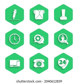 Set Speech bubble chat, Telephone, 24 hours support, Create account screen, Monitor and, Clock, Stamp and Pencil with eraser icon. Vector