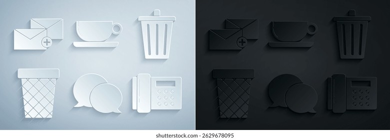 Set Speech bubble chat, Trash can, Telephone, Coffee cup flat and Envelope icon. Vector