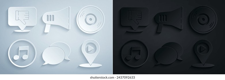 Set Speech bubble chat, Vinyl disk, Music note, tone, Digital media play with location, Megaphone and Dislike speech icon. Vector