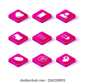 Setzen Sie Reden-Blase-Chat, Wi-Fi Wireless-Internet-Netzwerk, Dokument-Ordner, Betriebsschalter, Head-Personen mit Spiel, Battery-Ladelevel-Anzeige, Add Freund und Smartphone, Mobiltelefon-Symbol. Vektorgrafik