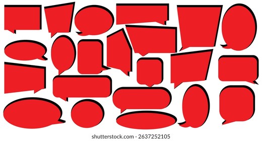 Set of speech bubble, comic sticker, chat box and empty social media message balloon silhouette or communication network symbol in doodle cartoon style. Information, idea, quote or fun dialogue frame.