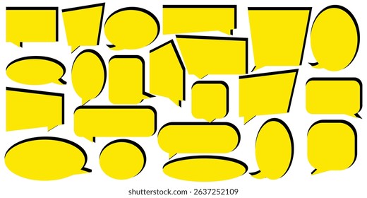 Set of speech bubble, comic sticker, chat box and empty social media message balloon silhouette or communication network symbol in doodle cartoon style. Information, idea, quote or fun dialogue frame.