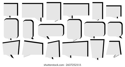 Set of speech bubble, comic sticker, chat box and empty social media message balloon silhouette or communication network symbol in doodle cartoon style. Information, idea, quote or fun dialogue frame.