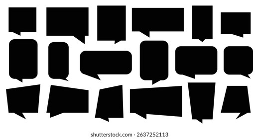 Set of speech bubble, comic sticker, chat box and empty social media message balloon silhouette or communication network symbol in doodle cartoon style. Information, idea, quote or fun dialogue frame.
