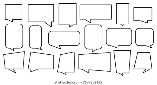 Set of speech bubble, comic sticker, chat box and empty social media message balloon silhouette or communication network symbol in doodle cartoon style. Information, idea, quote or fun dialogue frame.