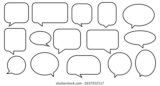 Set of speech bubble, comic sticker, chat box and empty social media message balloon silhouette or communication network symbol in doodle cartoon style. Information, idea, quote or fun dialogue frame.