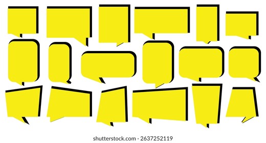 Set of speech bubble, comic sticker, chat box and empty social media message balloon silhouette or communication network symbol in doodle cartoon style. Information, idea, quote or fun dialogue frame.