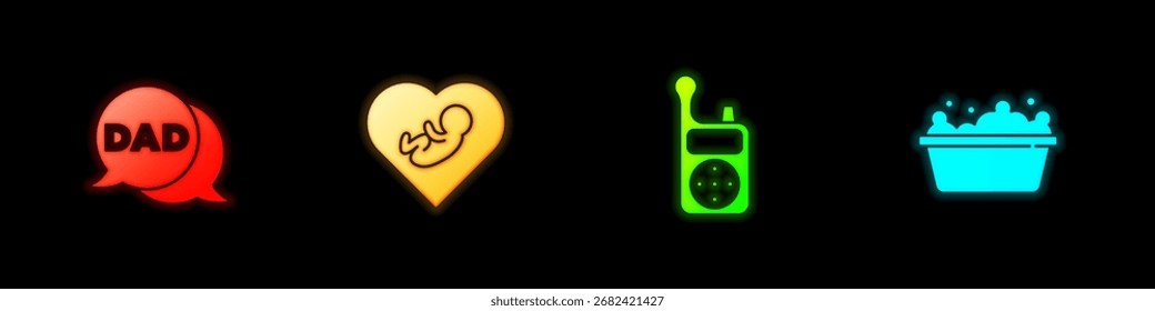 Set Speech bubble dad, Baby inside heart, Monitor Walkie Talkie and bathtub icon. Vector