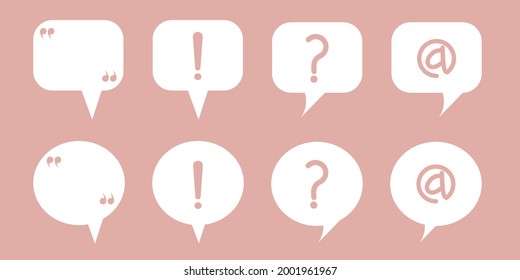 Set of speech bubble decoration with symbols. Question mark, Exclamation mark, quotes icons for wed design. Vector illustration.