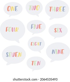 Set of speech bubble, dialog box icon on white background with colored one, two, three, four, five, six, seven, eight, nine, ten. Vector illustration in cartoon style.
