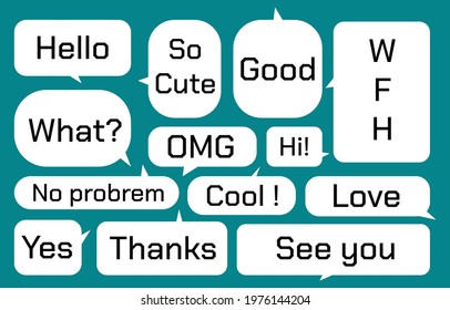 Set speech bubble with different words on a dark background, vector speaking or chat talk box , icon balloon text or communication,speak cloud for cartoon and comic, message dialog