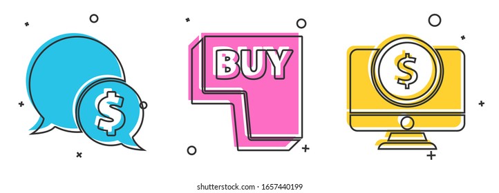 Establecer burbuja de voz con dólar, botón Comprar y monitor de ordenador con icono de dólar. Vector
