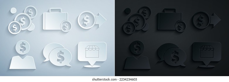 Establece la burbuja del habla con el dólar, el símbolo del dinero de la moneda, la mente de planificación del hombre de negocios, el concepto de compras en línea, el Maletín y el icono. Vector