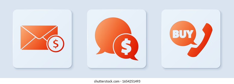 Set Speech bubble with dollar, Envelope with coin dollar and Phone and speech bubble with Buy. White square button. Vector