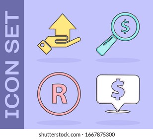 Establezca la burbuja Speech con el dólar, el dinero en la mano, la marca registrada y la lupa y el icono del dólar. Vector