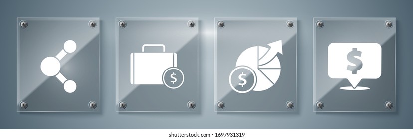 Set Speech bubble with dollar, Money and diagram graph, Briefcase and money and Share. Square glass panels. Vector