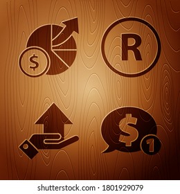 Set Speech bubble with dollar, Money and diagram graph, Money on hand and Registered Trademark on wooden background. Vector