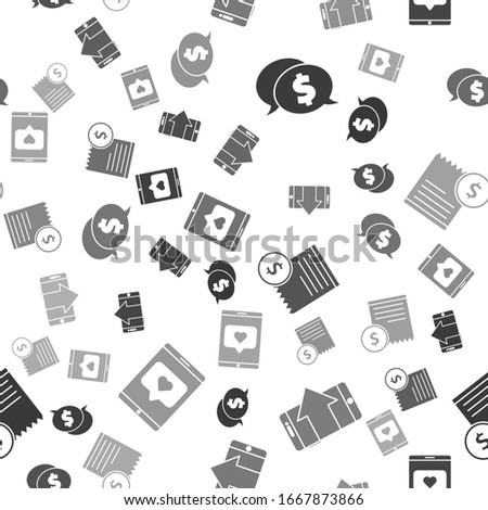 Set Speech bubble with dollar, Smartphone, mobile phone, Paper check and financial check and Mobile phone and like with heart on seamless pattern. Vector