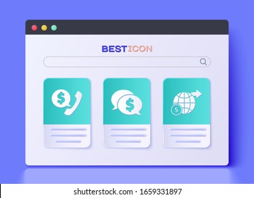 Set Speech bubble with dollar, Telephone handset and speech bubble chat and Earth globe with dollar icon. Vector