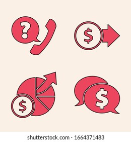 Set Speech bubble with dollar, Telephone handset and speech bubble chat, Coin money with dollar symbol and Money and diagram graph icon. Vector