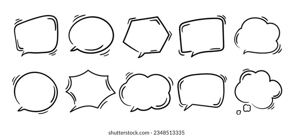 Juego de vectores de elementos de doodle de burbuja de voz. Colección de estilos de doodle dibujado a mano de diferentes símbolos de burbuja de voz. Diseño de ilustración para impresión, dibujos animados, tarjeta, decoración, pegatina, icono.