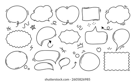 Set of speech bubble doodle element vector. Hand drawn doodle collection of different speech bubble symbol, arrow. Illustration design for print, cartoon, card, decoration, sticker, icon.