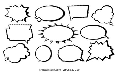 Set of speech bubble doodle element vector. Hand drawn doodle collection of different speech bubble symbol, arrow. Illustration design for print, cartoon, card, decoration, sticker, icon.