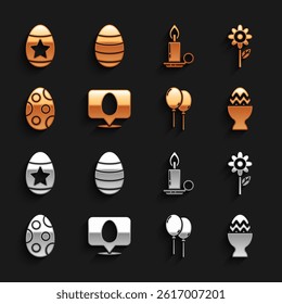 Set Speech bubble with easter egg, Flower, Easter on stand, Balloons ribbon, Burning candle in candlestick,  and  icon. Vector