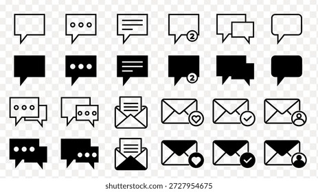 Conjunto de iconos de burbuja de discurso y correo electrónico en el contorno y estilos negros sólidos mensaje de chat